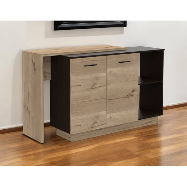 Orren Ellis Black and Light Oak Contemporary Kitchen Island with Bar